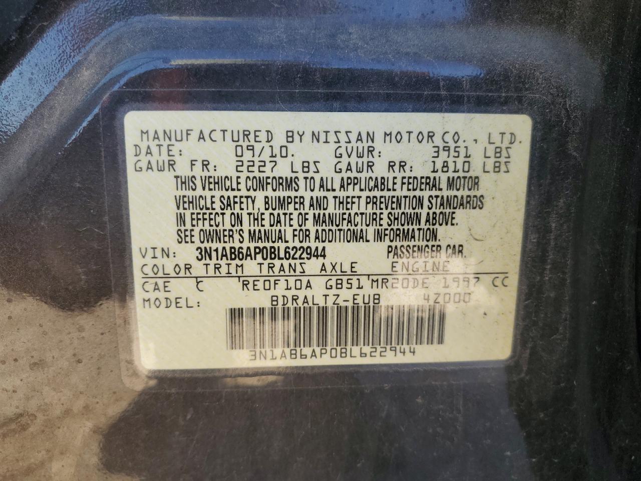 2011 Nissan Sentra VIN 3N1AB6AP0BL622944 Copart auction photo, rear end damage thumbnail 12