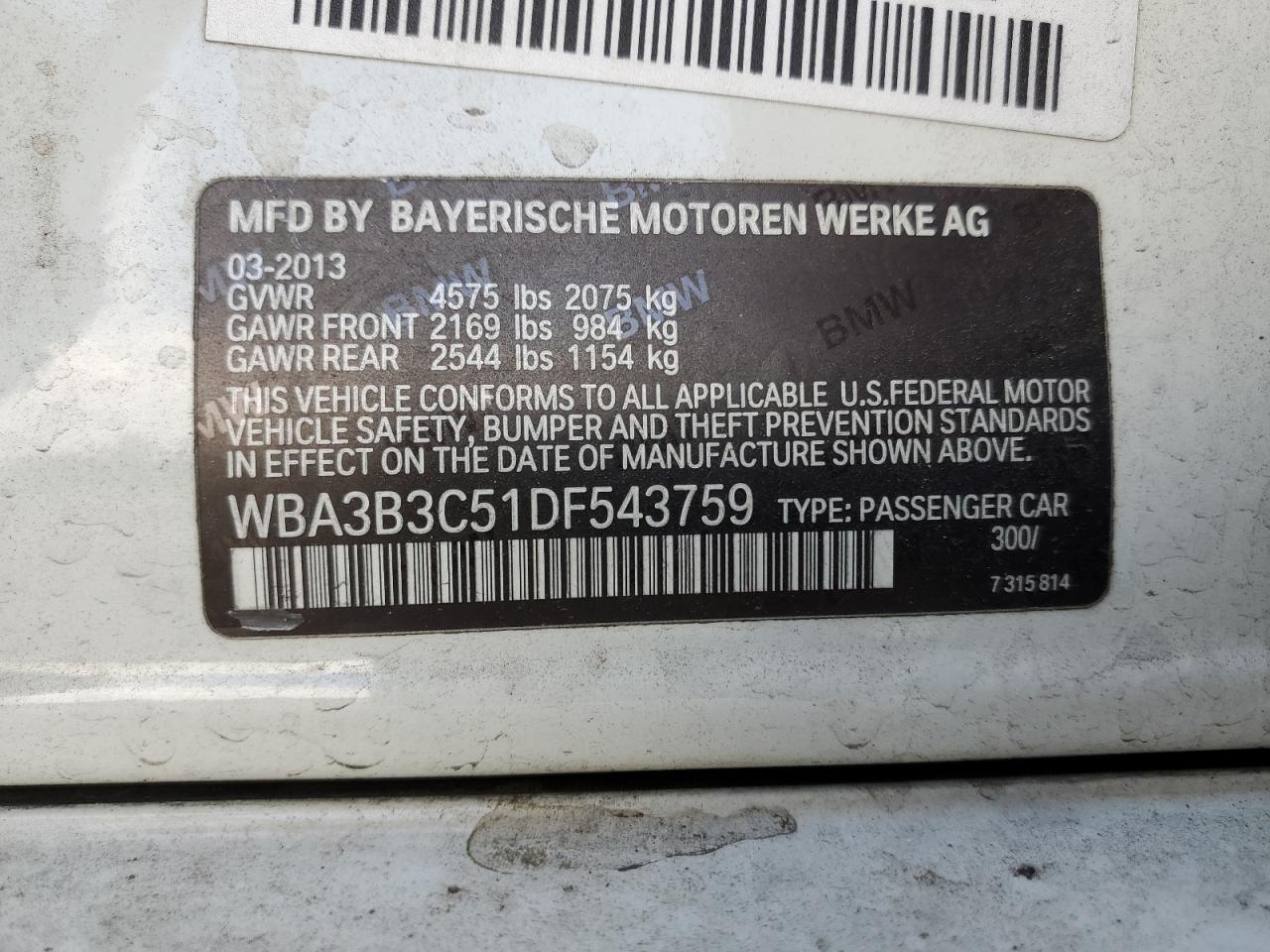 2013 BMW 3er VIN WBA3B3C51DF543759 Copart auction photo, all over damage thumbnail 14