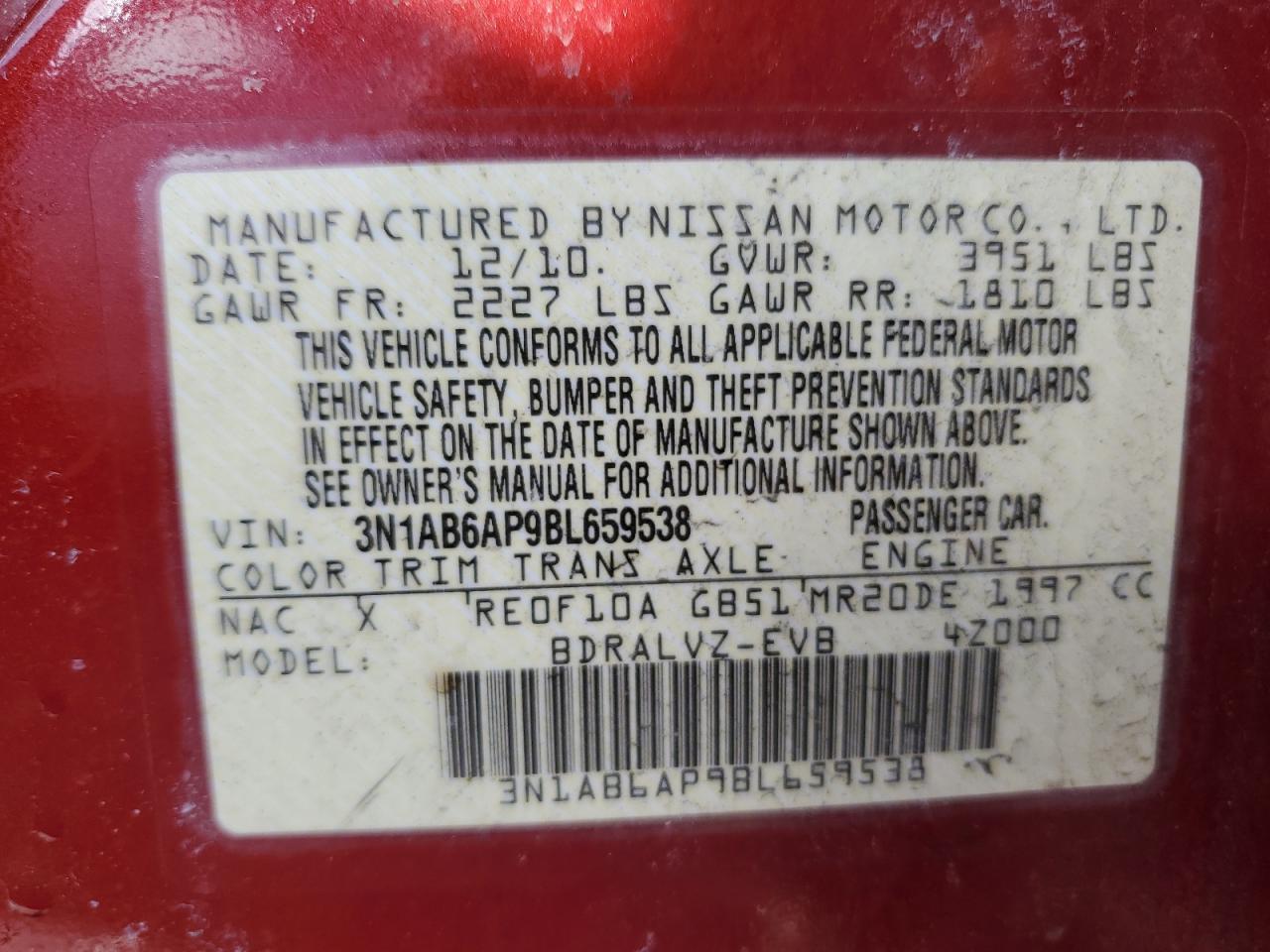 2011 Nissan Sentra VIN 3N1AB6AP9BL659538 Copart auction photo, rear end damage thumbnail 13