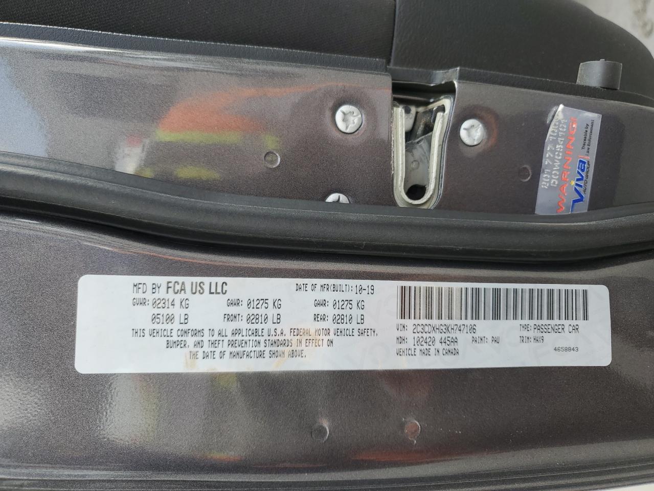 2019 Dodge Charger VIN 2C3CDXHG3KH747106 Copart auction photo, front end damage thumbnail 12