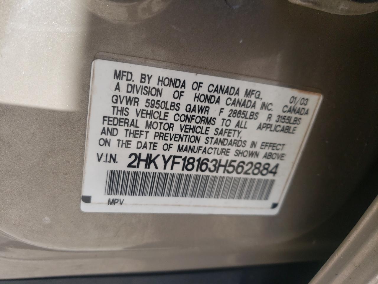 2003 Honda Pilot VIN 2HKYF18163H562884 Copart auction photo, front end damage thumbnail 15