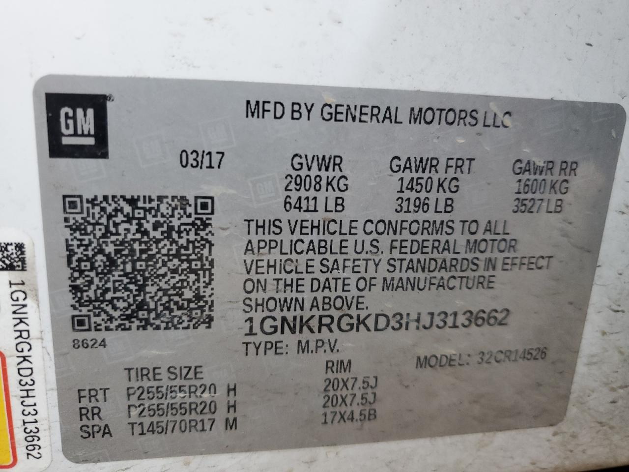 2017 Chevrolet Traverse VIN 1GNKRGKD3HJ313662 Copart auction photo, side / minor dent/scratches damage thumbnail 15