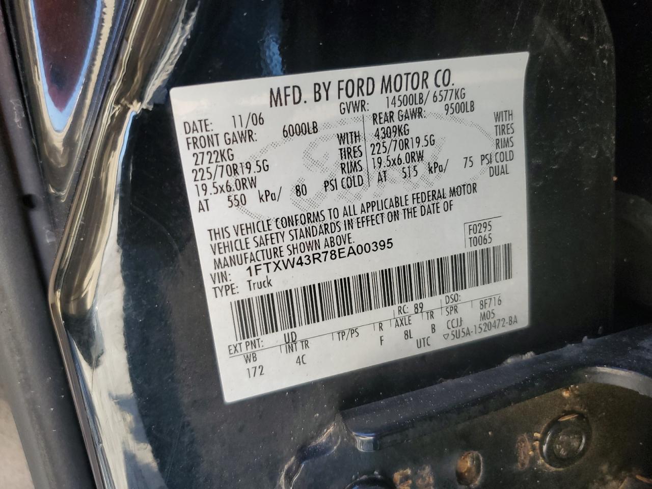 2008 Ford F450 VIN 1FTXW43R78EA00395 Copart auction photo, water/flood damage thumbnail 13