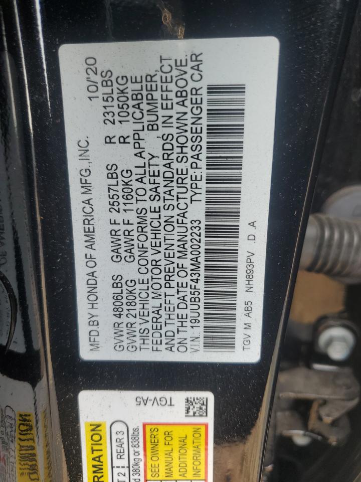 2021 Acura TLX VIN 19UUB5F43MA002233 Copart auction photo, front end / rear end damage thumbnail 12