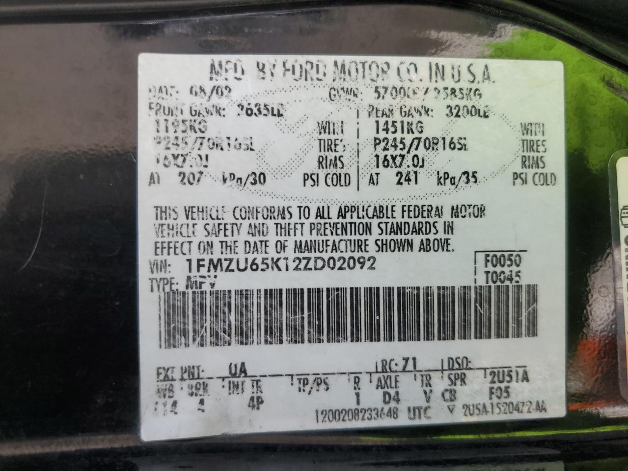2002 Ford Explorer VIN 1FMZU65K12ZD02092 Copart auction photo, side damage thumbnail 14