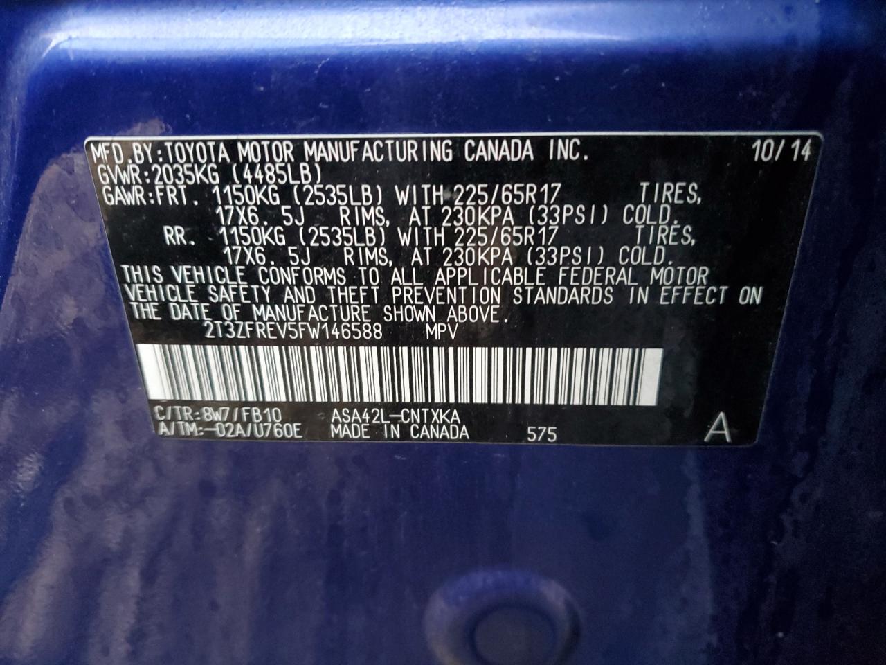 2015 Toyota RAV 4 VIN 2T3ZFREV5FW146588 Copart auction photo, front end / side damage thumbnail 15