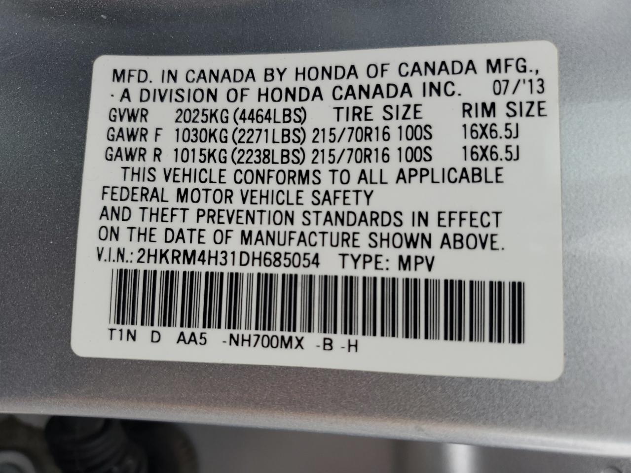 2013 Honda CR-V VIN 2HKRM4H31DH685054 Copart auction photo, all over damage thumbnail 14