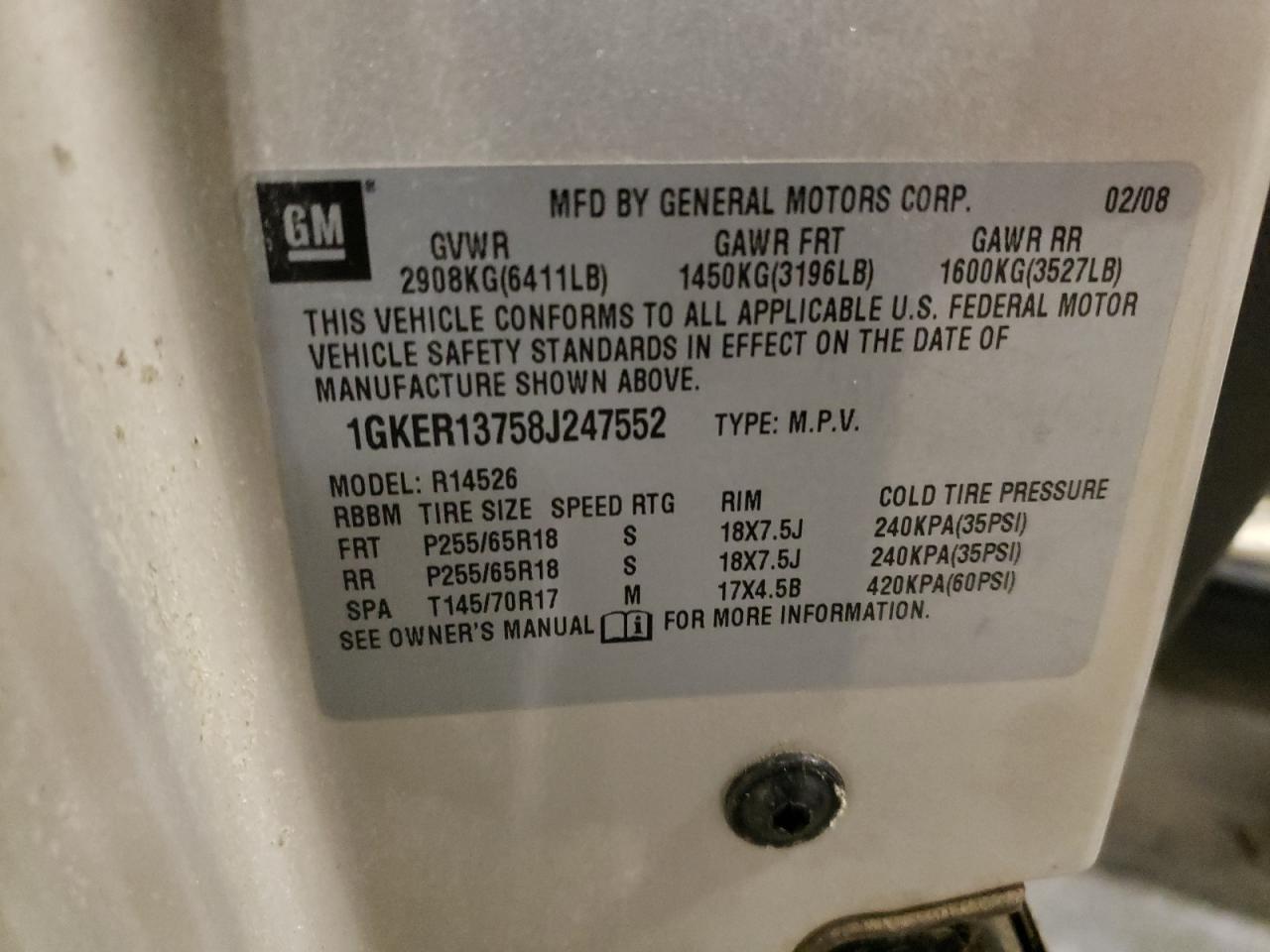 2008 GMC Acadia VIN 1GKER13758J247552 Copart auction photo, water/flood / all over damage thumbnail 14
