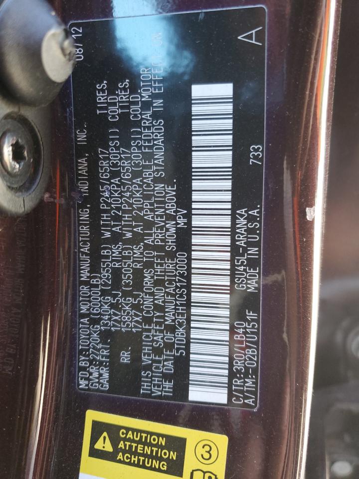 2012 Toyota Highlander VIN 5TDBK3EH1CS173000 Copart auction photo, side / minor dent/scratches damage thumbnail 13