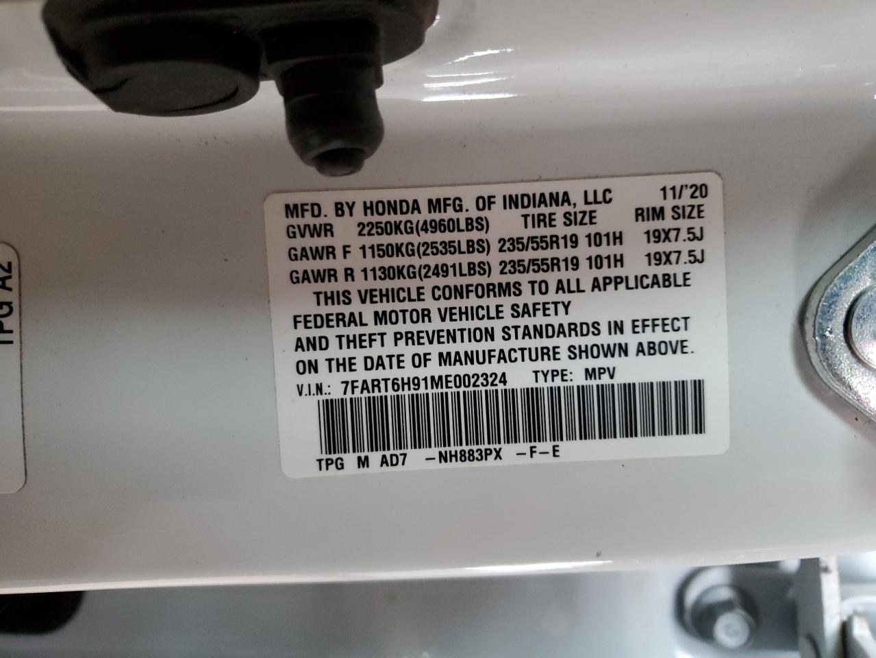 2021 Honda CR-V VIN 7FART6H91ME002324 Copart auction photo, front end / minor dent/scratches damage thumbnail 13