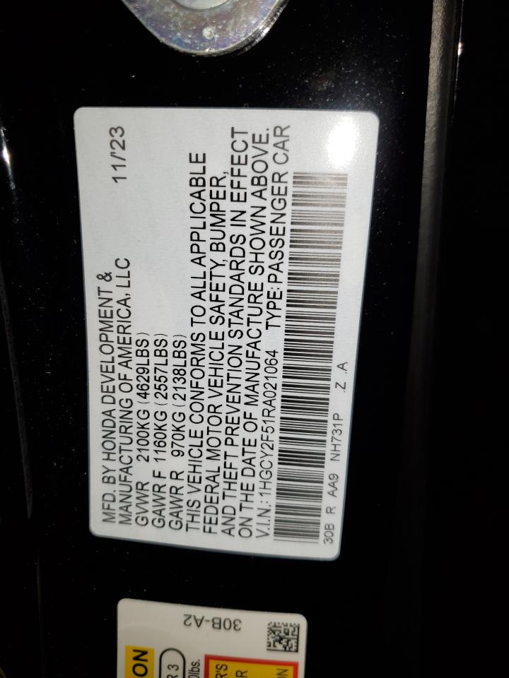 2024 Honda Accord VIN 1HGCY2F51RA021064 Copart auction photo, rear end damage thumbnail 15