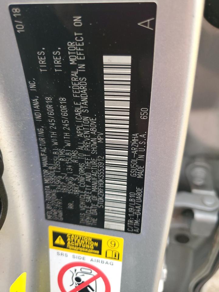 2019 Toyota Highlander VIN 5TDKZRFH0KS553912 Copart auction photo, front end damage thumbnail 13