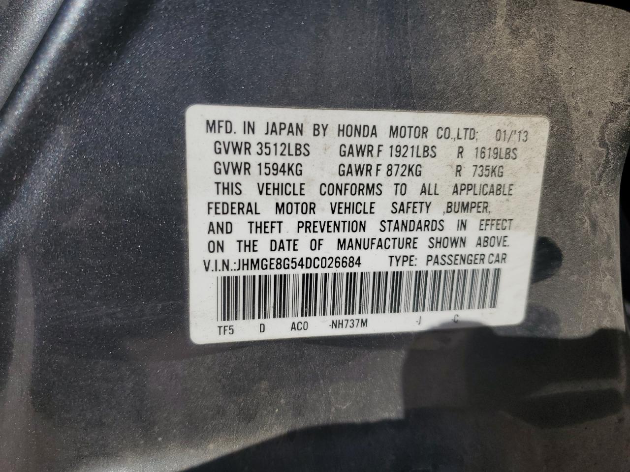 2013 Honda Fit VIN JHMGE8G54DC026684 Copart auction photo, side / front end damage thumbnail 13