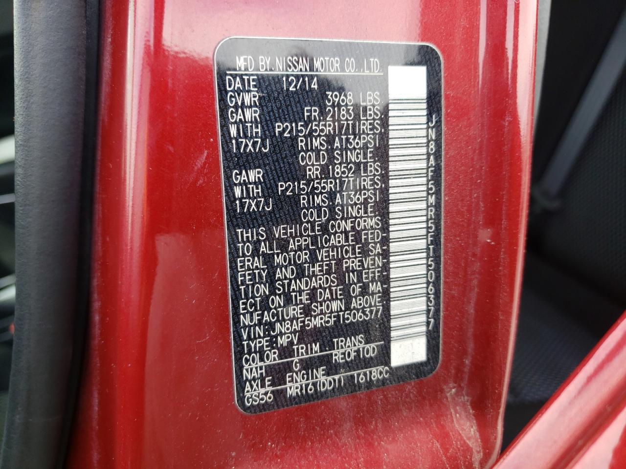 2015 Nissan Juke VIN JN8AF5MR5FT506377 Copart auction photo, front end damage thumbnail 13