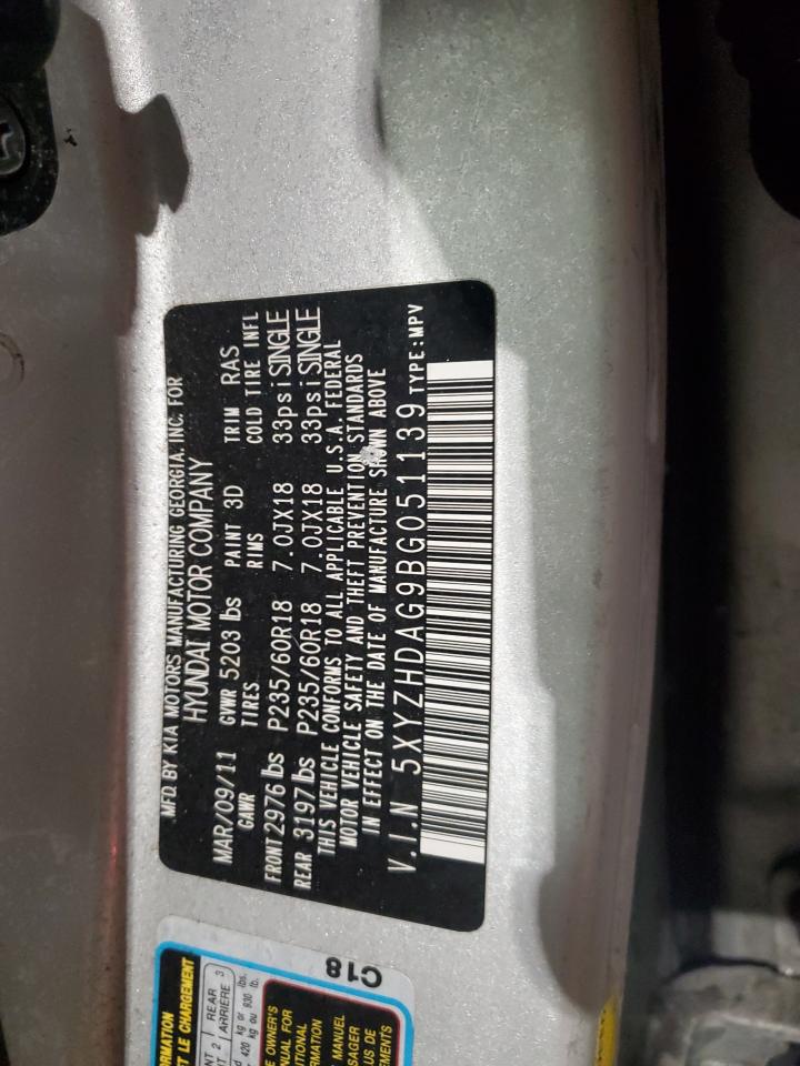 2011 Hyundai Santa Fe VIN 5XYZHDAG9BG051139 Copart auction photo, front end damage thumbnail 13