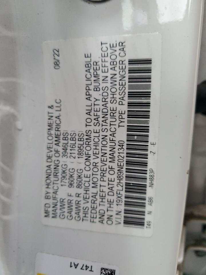 2022 Honda Civic VIN 19XFL2H89NE021340 Copart auction photo, side damage thumbnail 12
