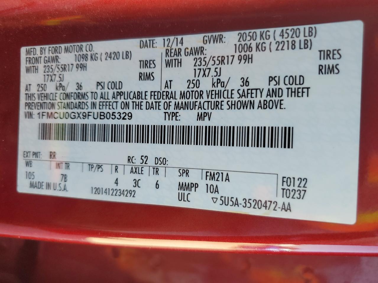 2015 Ford Escape VIN 1FMCU0GX9FUB05329 Copart auction photo, front end damage thumbnail 12