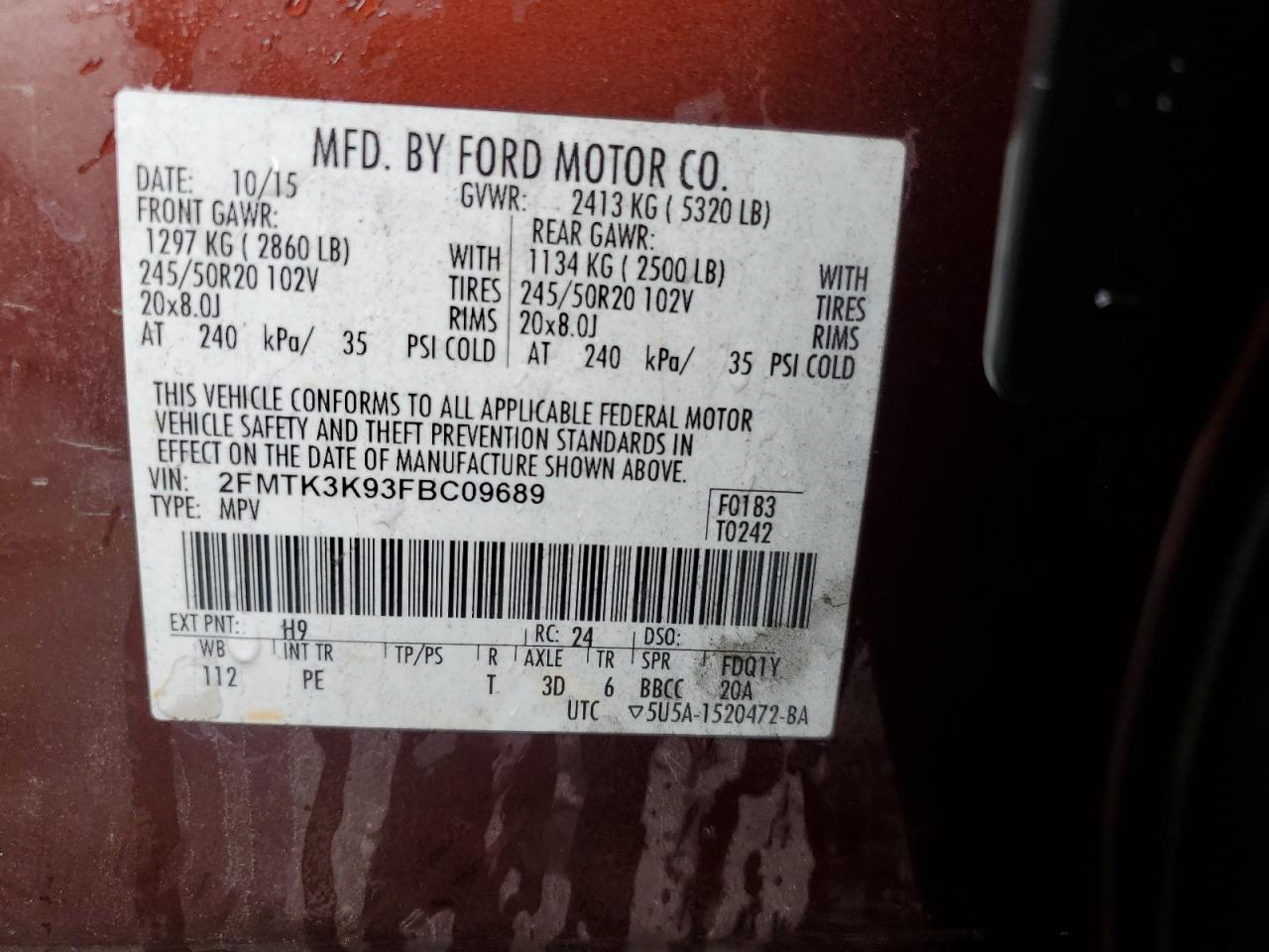 2015 Ford Edge VIN 2FMTK3K93FBC09689 Copart auction photo, front end damage thumbnail 12
