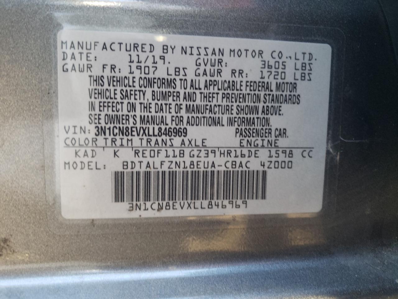 2020 Nissan Versa VIN 3N1CN8EVXLL846969 Copart auction photo, rear end damage thumbnail 12