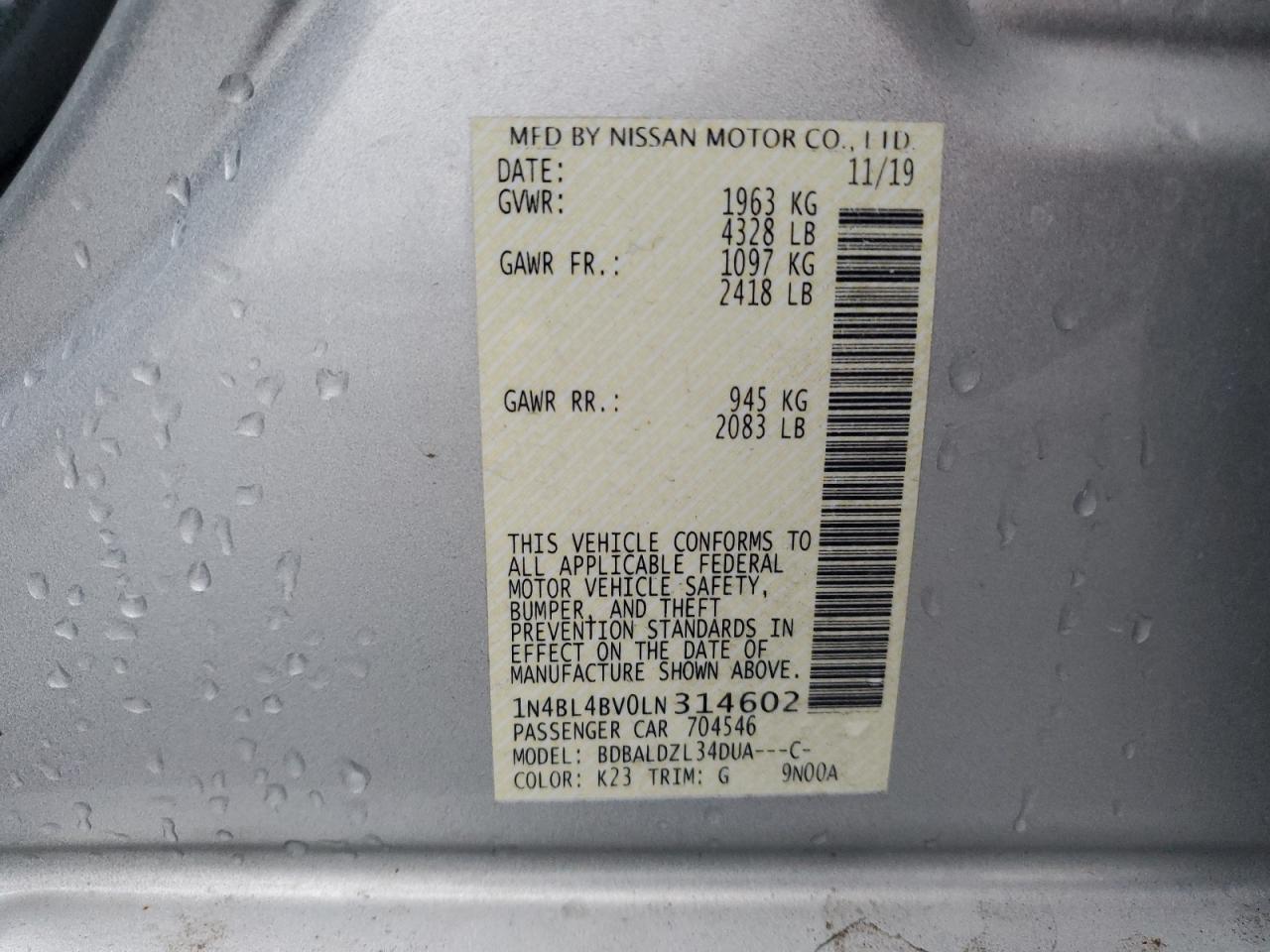2020 Nissan Altima VIN 1N4BL4BV0LN314602 Copart auction photo, side / rear end damage thumbnail 12