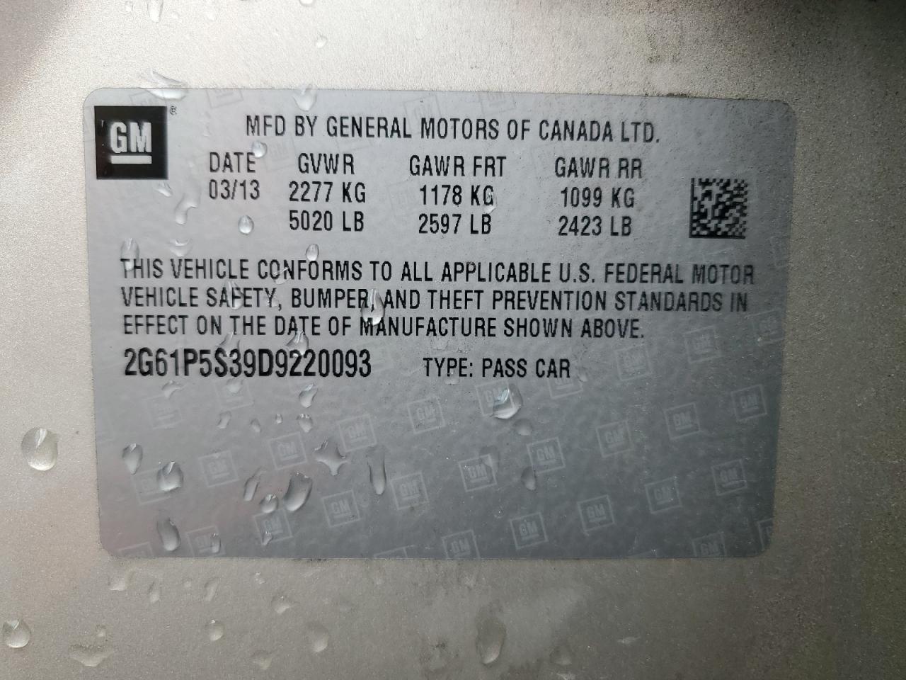 2013 Cadillac XTS VIN 2G61P5S39D9220093 Copart auction photo, rear end / front end damage thumbnail 13