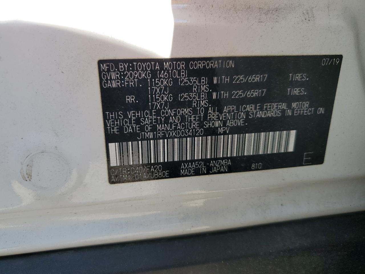 2019 Toyota RAV 4 VIN JTMW1RFVXKD034120 Copart auction photo, front end damage thumbnail 14