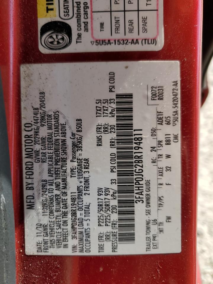 2011 Ford Fusion VIN 3FAHP0JG2BR194811 Copart auction photo, rear end damage thumbnail 12