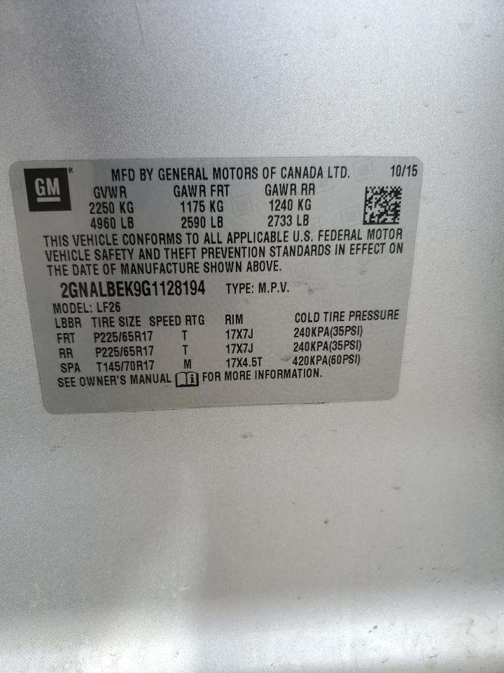 2016 Chevrolet Equinox VIN 2GNALBEK9G1128194 Copart auction photo, mechanical damage thumbnail 13