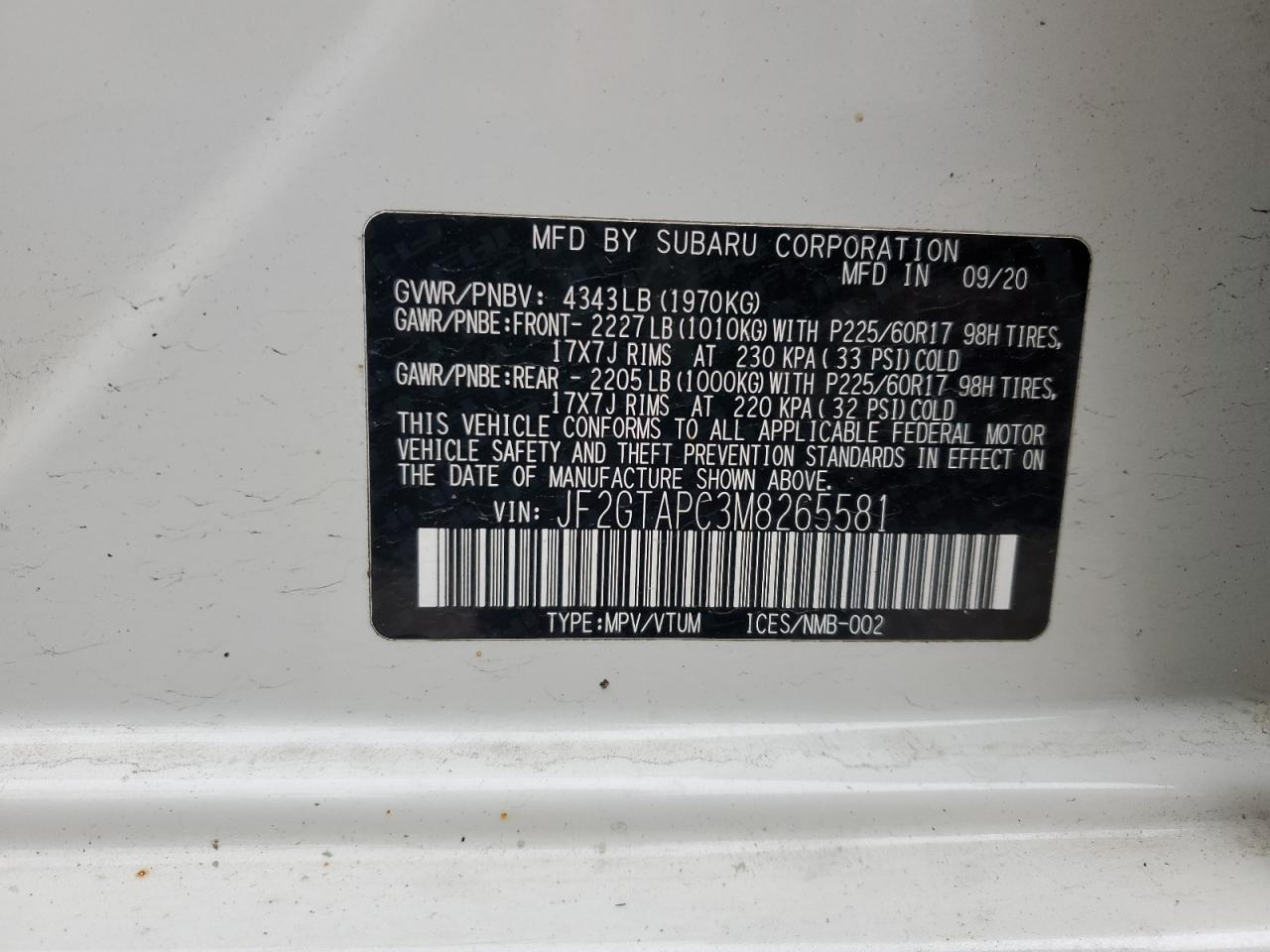 2021 Subaru XV VIN JF2GTAPC3M8265581 Copart auction photo, front end damage thumbnail 12