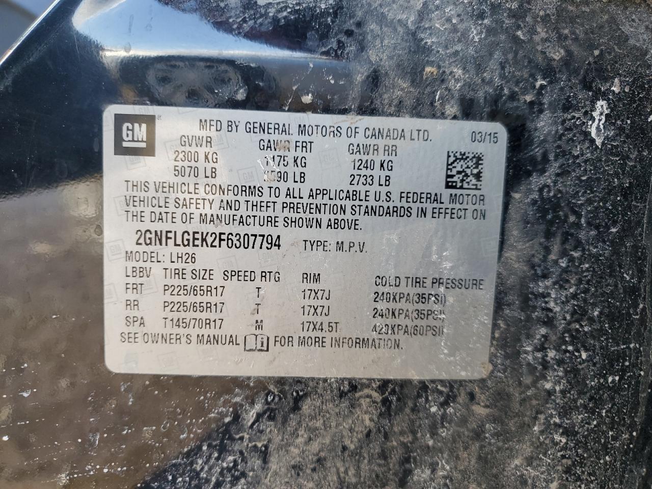 2015 Chevrolet Equinox VIN 2GNFLGEK2F6307794 Copart auction photo, front end / minor dent/scratches damage thumbnail 14