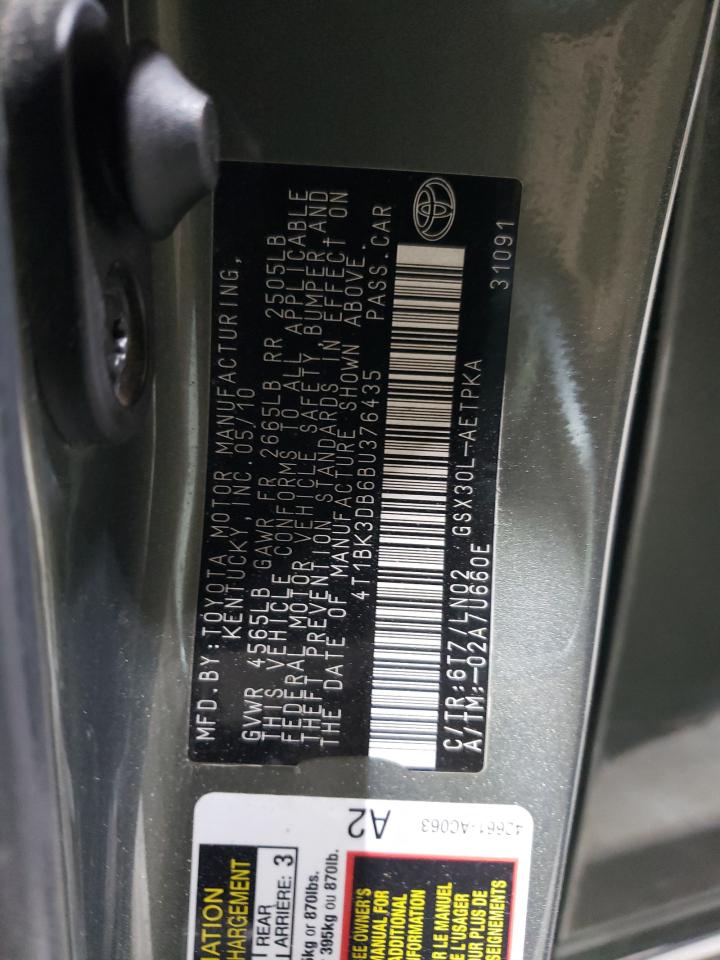 2011 Toyota Avalon VIN 4T1BK3DB6BU376435 Copart auction photo, mechanical / minor dent/scratches damage thumbnail 12