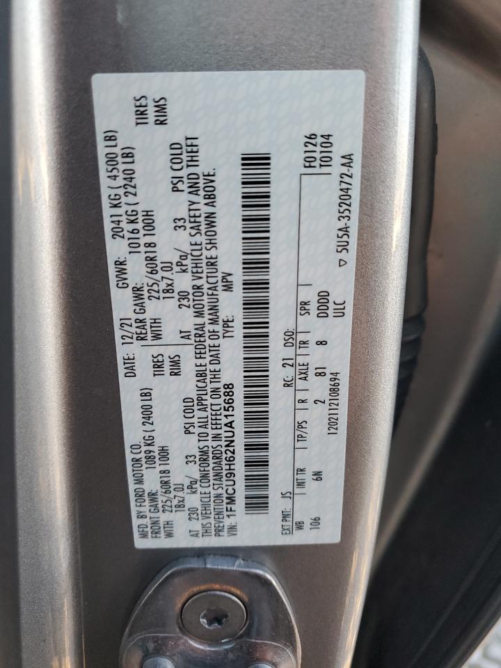 2022 Ford Escape VIN 1FMCU9H62NUA15688 Copart auction photo, front end damage thumbnail 14