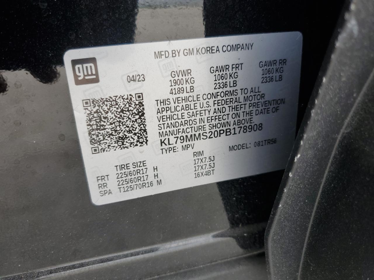 2023 Chevrolet TrailBlazer VIN KL79MMS20PB178908 Copart auction photo, front end / side damage thumbnail 16