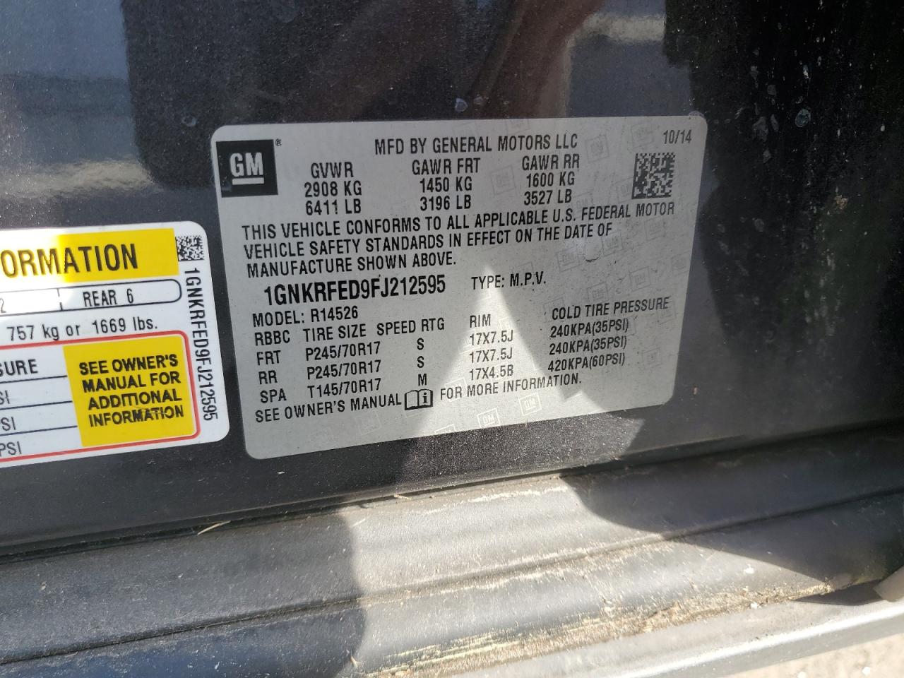 2015 Chevrolet Traverse VIN 1GNKRFED9FJ212595 Copart auction photo, rear end damage thumbnail 13