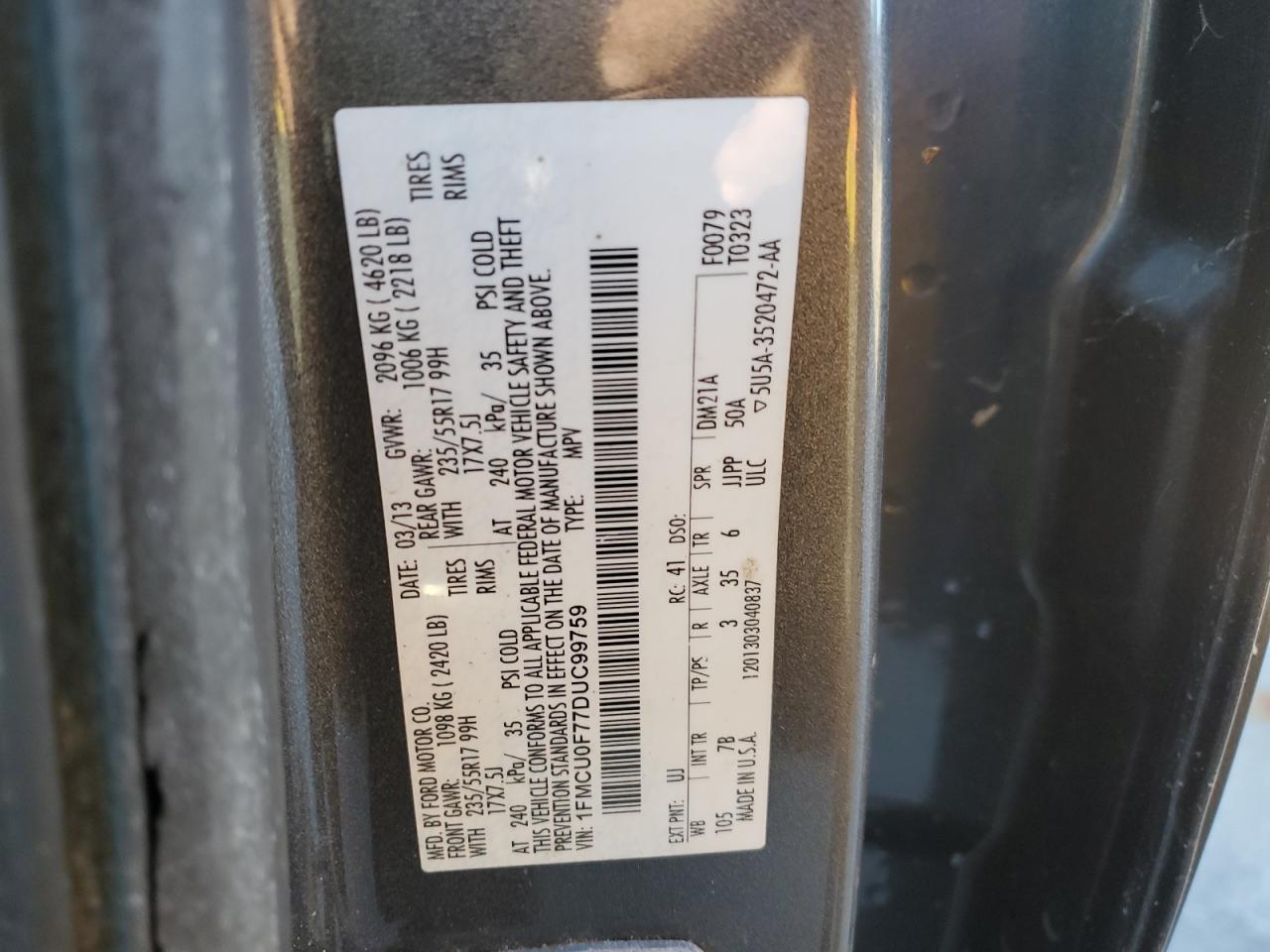 2013 Ford Escape VIN 1FMCU0F77DUC99759 Copart auction photo, all over damage thumbnail 13
