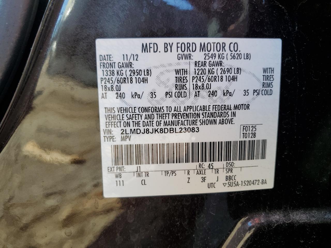 2013 Lincoln MKX VIN 2LMDJ8JK8DBL23083 Copart auction photo, front end / minor dent/scratches damage thumbnail 14