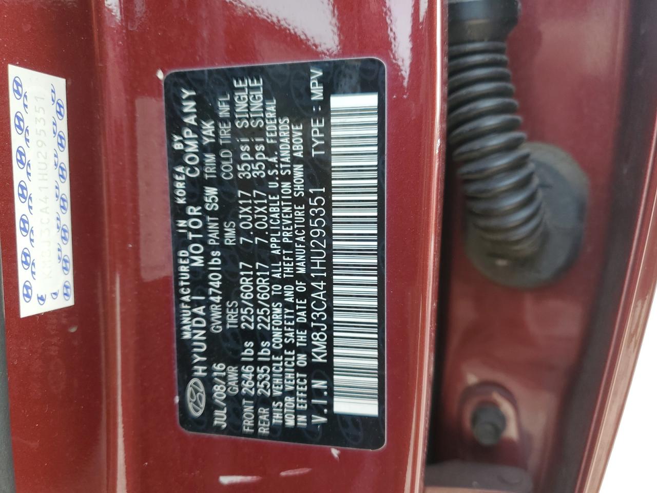 2017 Hyundai Tucson VIN KM8J3CA41HU295351 Copart auction photo, front end damage thumbnail 15