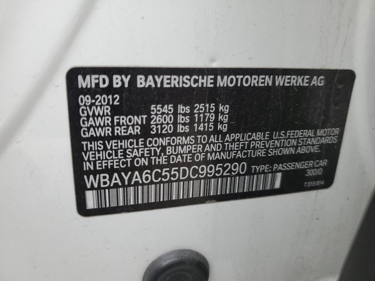 2013 BMW 7er VIN WBAYA6C55DC995290 Copart auction photo, front end damage thumbnail 12