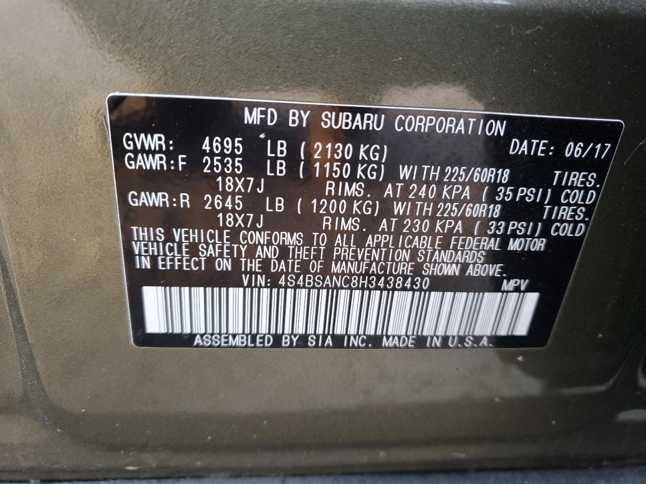 2017 Subaru Outback VIN 4S4BSANC8H3438430 Copart auction photo, front end / minor dent/scratches damage thumbnail 12