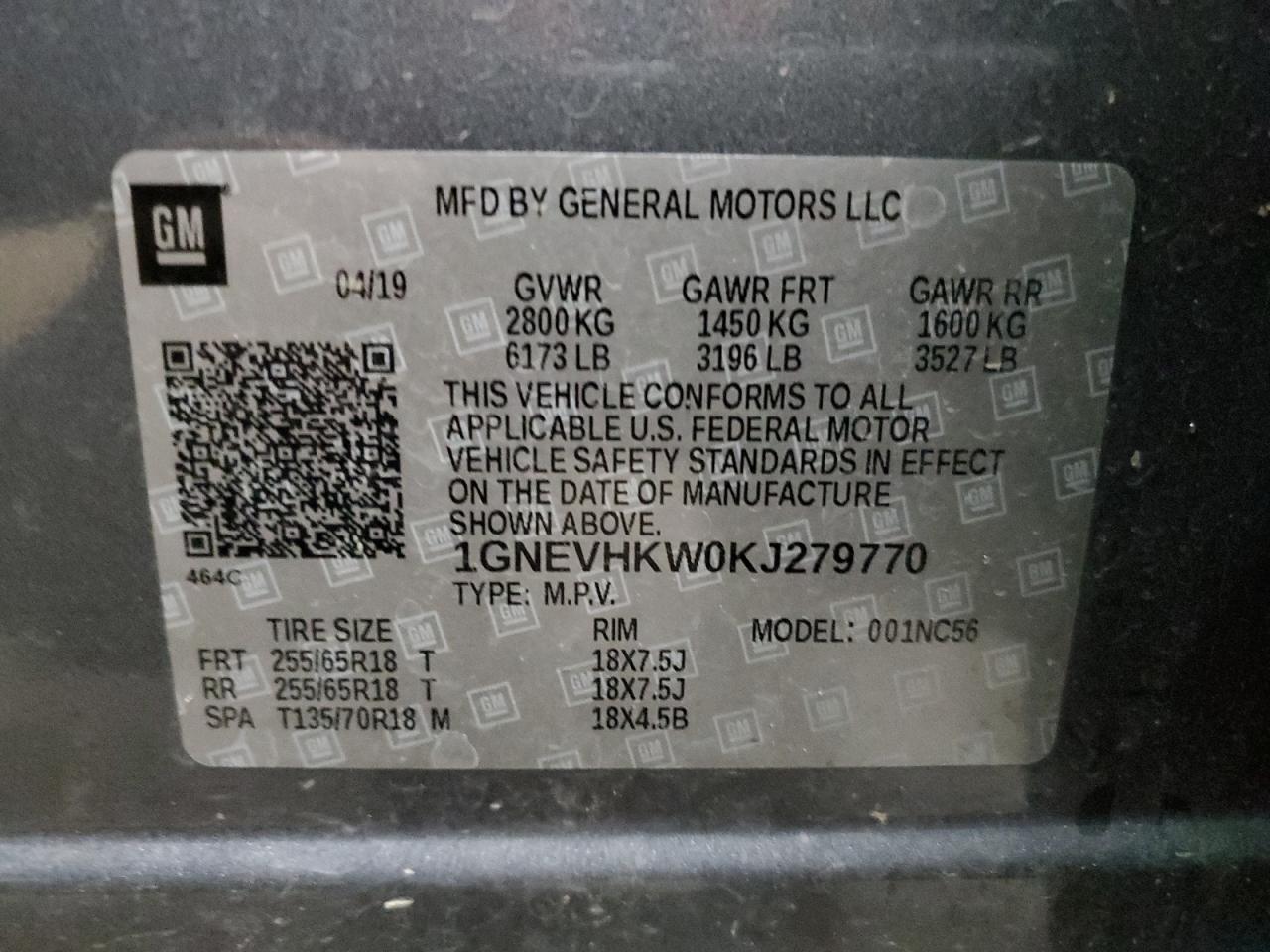 2019 Chevrolet Traverse VIN 1GNEVHKW0KJ279770 Copart auction photo, front end damage thumbnail 15