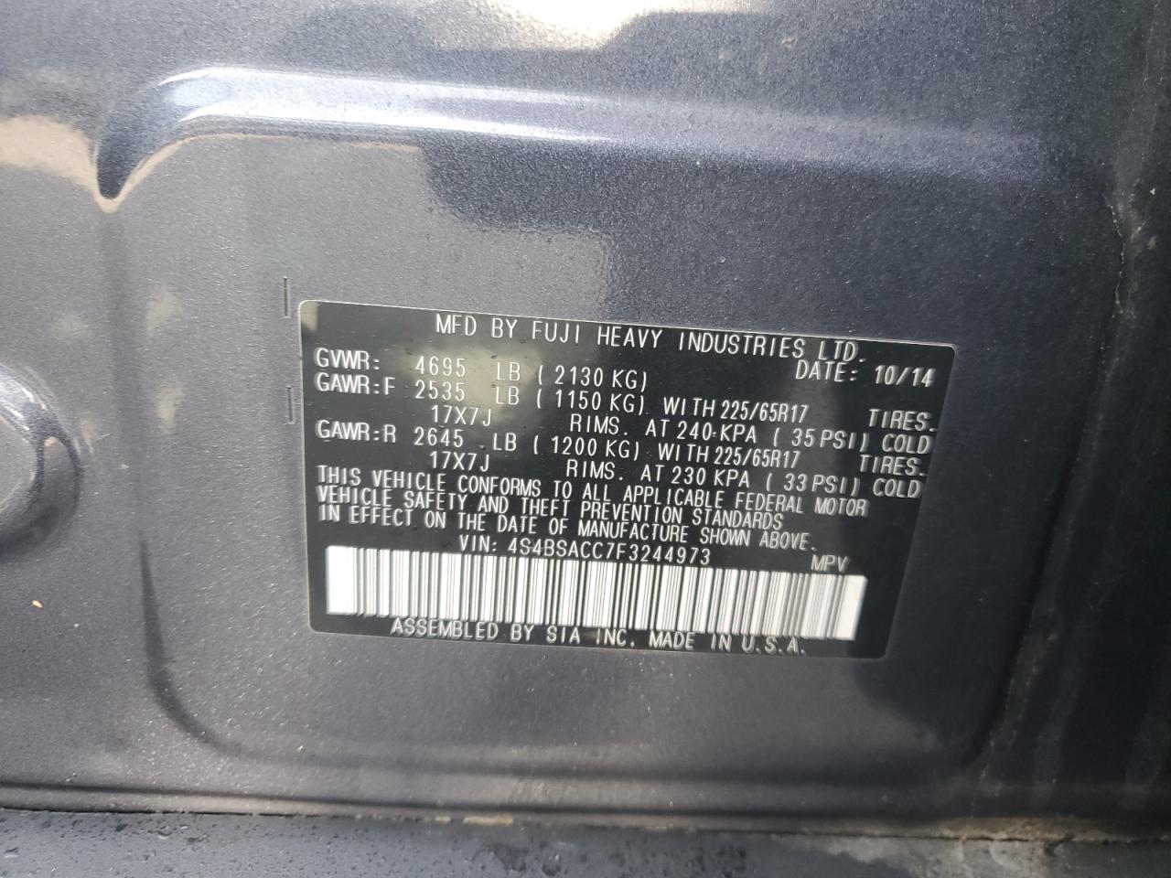 2015 Subaru Outback VIN 4S4BSACC7F3244973 Copart auction photo, front end damage thumbnail 14