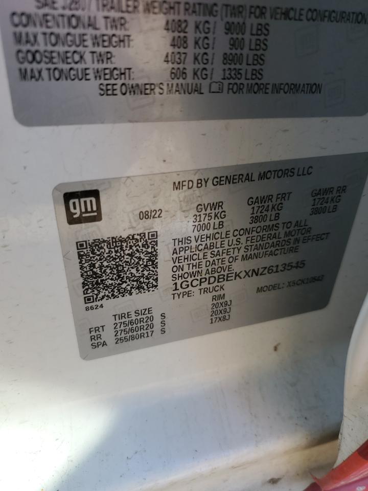 2022 Chevrolet Silverado VIN 1GCPDBEKXNZ613545 Copart auction photo, front end / rear end damage thumbnail 12
