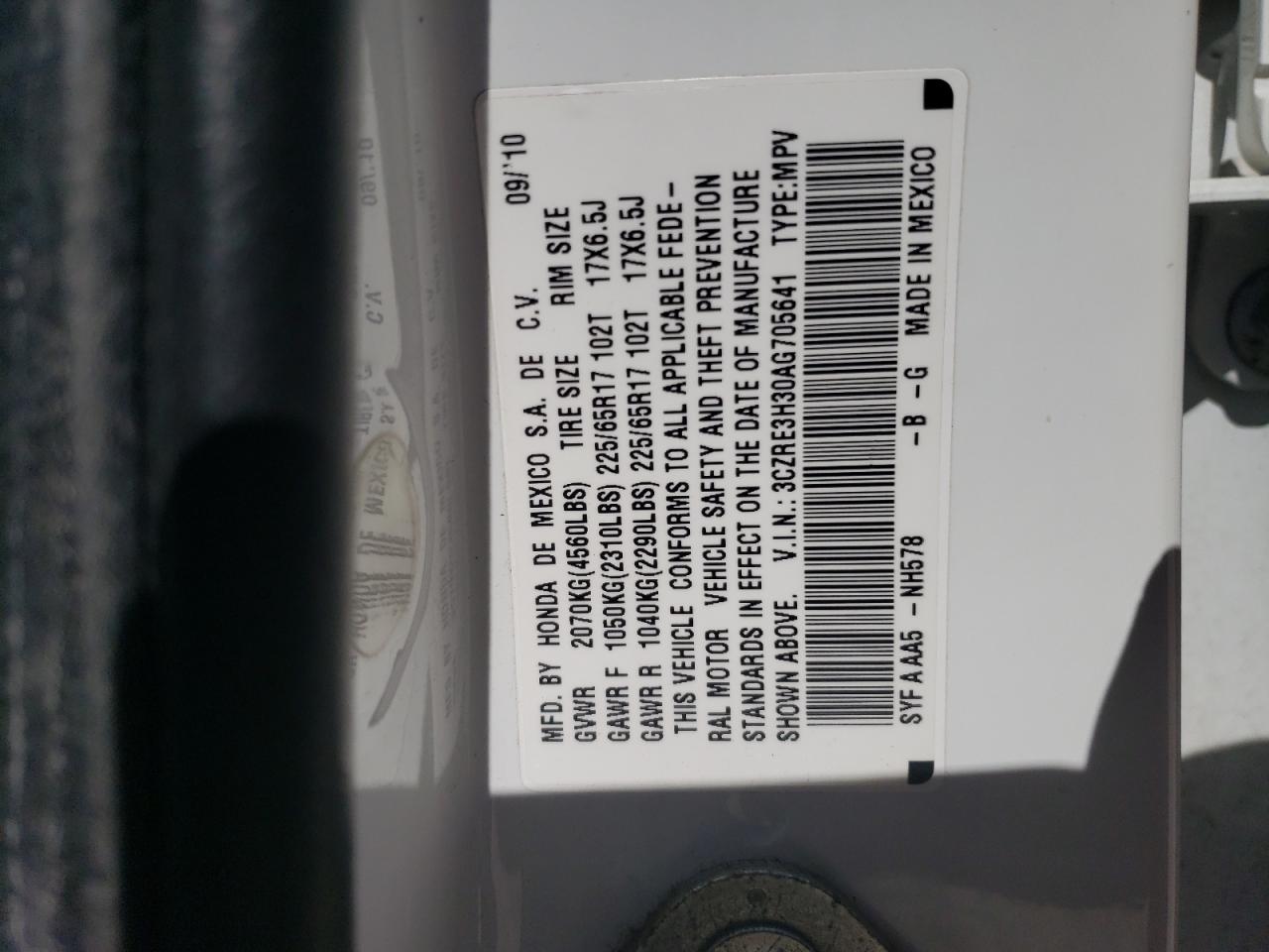 2010 Honda CR-V VIN 3CZRE3H30AG705641 Copart auction photo, front end / rear end damage thumbnail 14