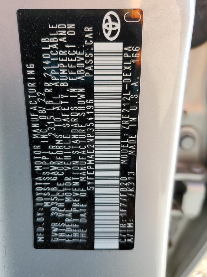 2022 Toyota Corolla VIN 5YFEPMAE2NP354196 Copart auction photo, front end / minor dent/scratches damage thumbnail 13