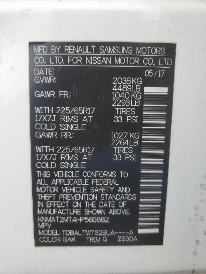 2017 Nissan Rogue VIN KNMAT2MT4HP583882 Copart auction photo, all over damage thumbnail 12