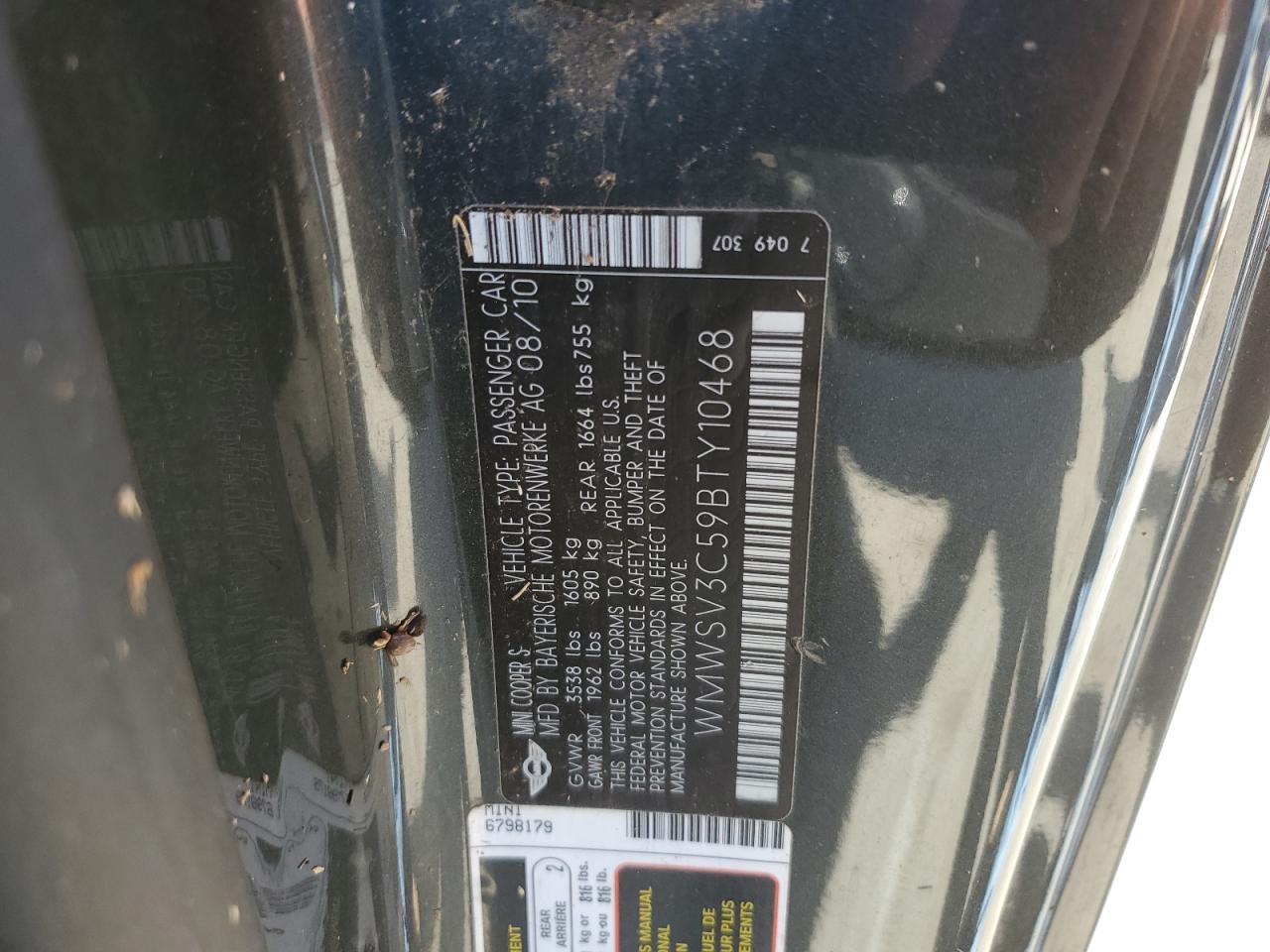 2011 MINI Cooper VIN WMWSV3C59BTY10468 Copart auction photo, water/flood damage thumbnail 13