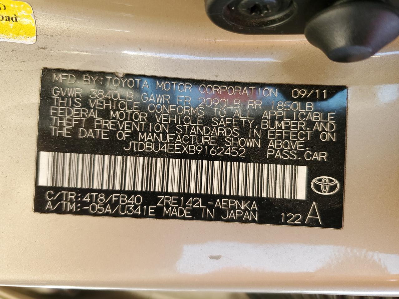 2011 Toyota Corolla VIN JTDBU4EEXB9162452 Copart auction photo, front end / side damage thumbnail 12
