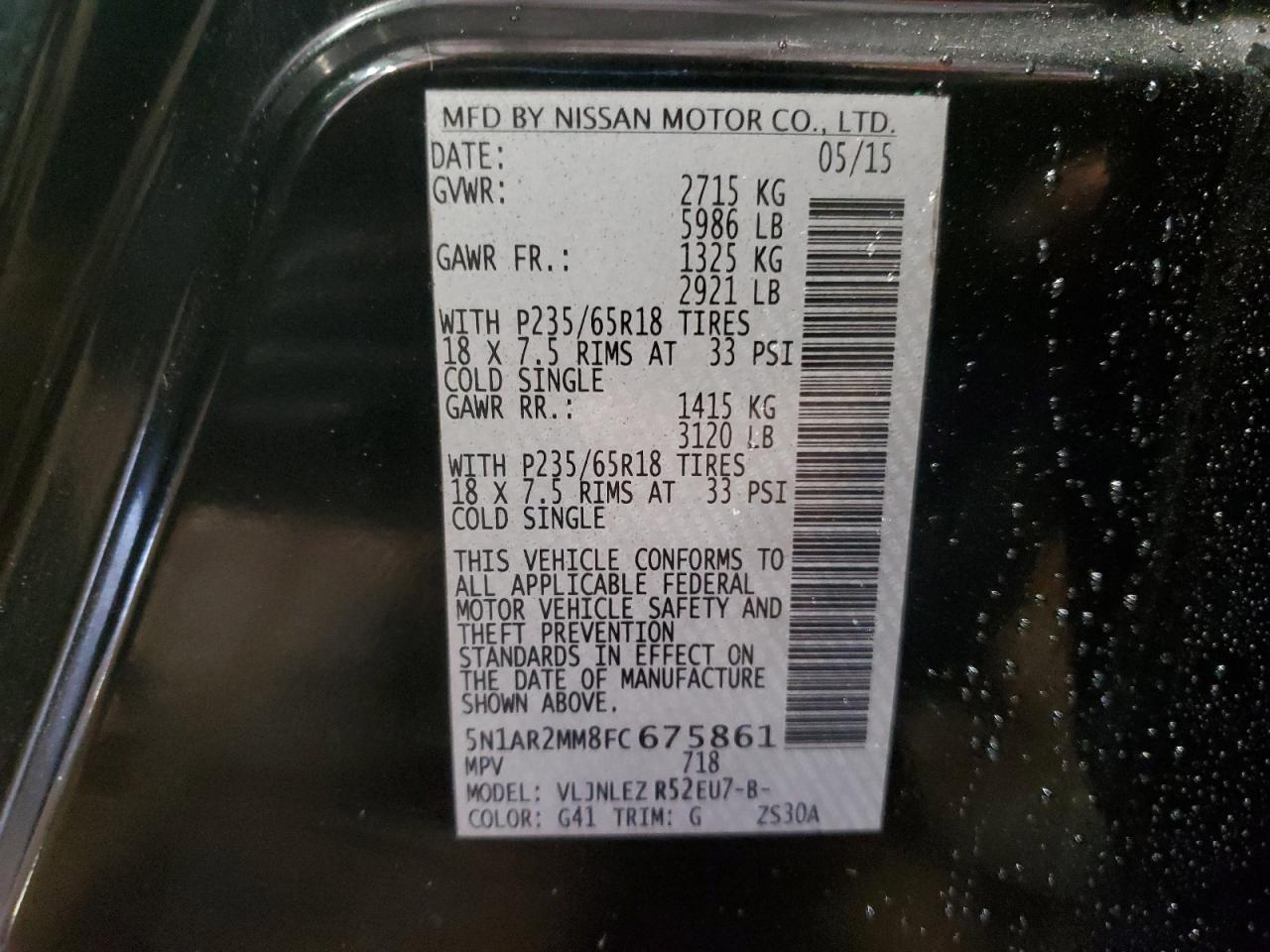 2015 Nissan Pathfinder VIN 5N1AR2MM8FC675861 Copart auction photo, front end damage thumbnail 13