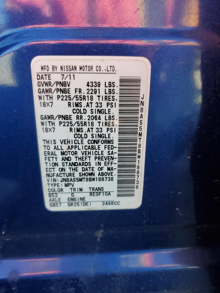2011 Nissan Rogue VIN JN8AS5MT8BW188738 Copart auction photo, front end / side damage thumbnail 14