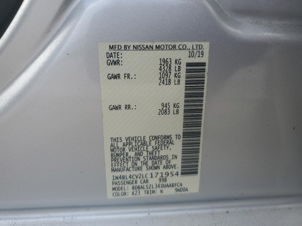 2020 Nissan Altima VIN 1N4BL4CV2LC171954 Copart auction photo, side / rear end damage thumbnail 15